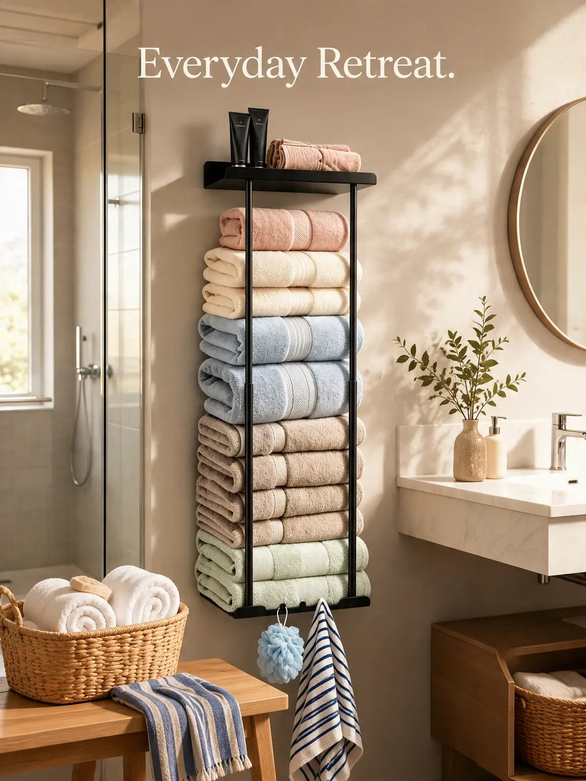 Bathroom Towel Storage Rack Wall Mounted 30 inch with Shelf Holds 6 Large Towels Black Rust Proof Durable Metal Pole for Spas Salons and Bathrooms,sohochic