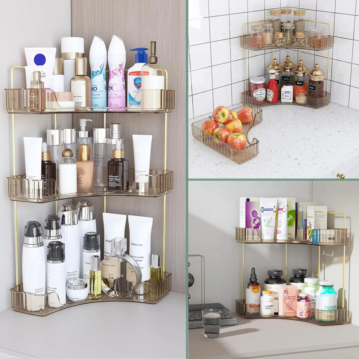 A space-saving 2/3 floor vanity corner organizer, a luxurious gold cosmetic storage rack, multi-level bathroom countertop storage, suitable for lotions, creams and other makeup tools. multi-layer beauty holder lipstick supply brush compact wristwatch