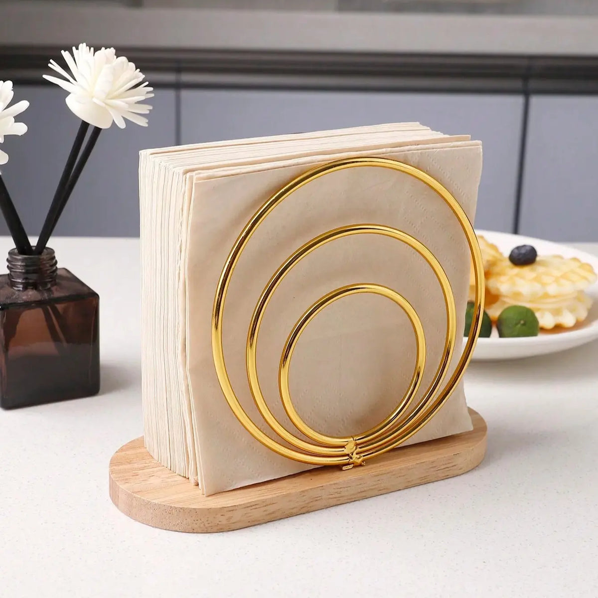 Elegant Minimalist Metal Napkin Holder Stand with Wooden Base, Iron Frame, Desktop Organizer Accessory for Restaurants Hotels Cafes, Durable Iron Craftsmanship Design, Tissue Holder