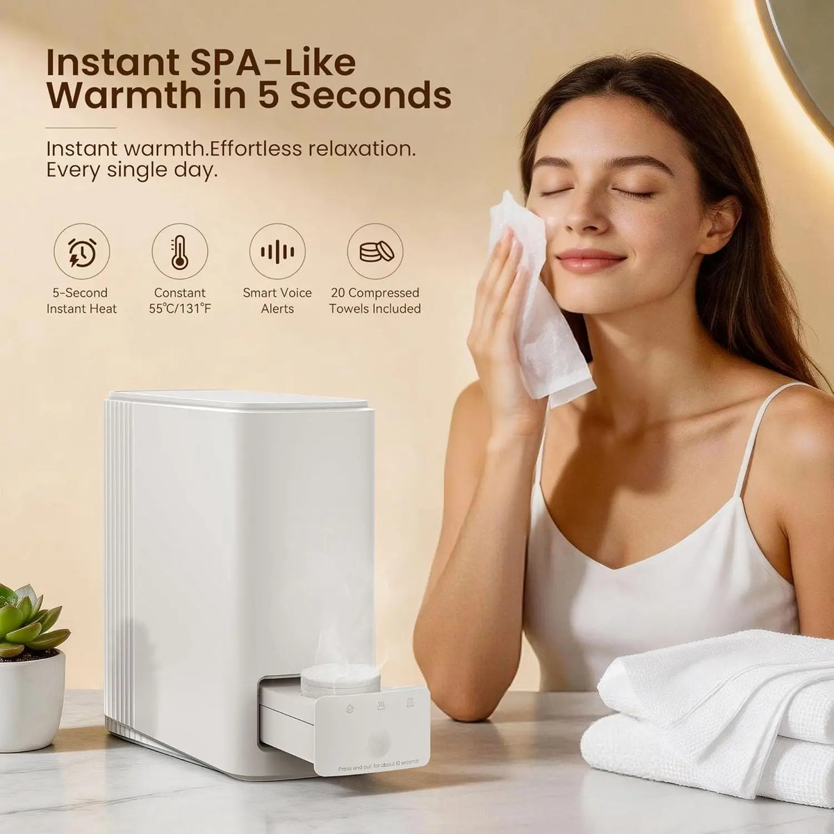 Compact Hot Towel Dispenser for Skincare, 5-Second 55°C Face Towel Warmer, Automatic Pop-Out Design, Voice Prompts, 20 Towels Included