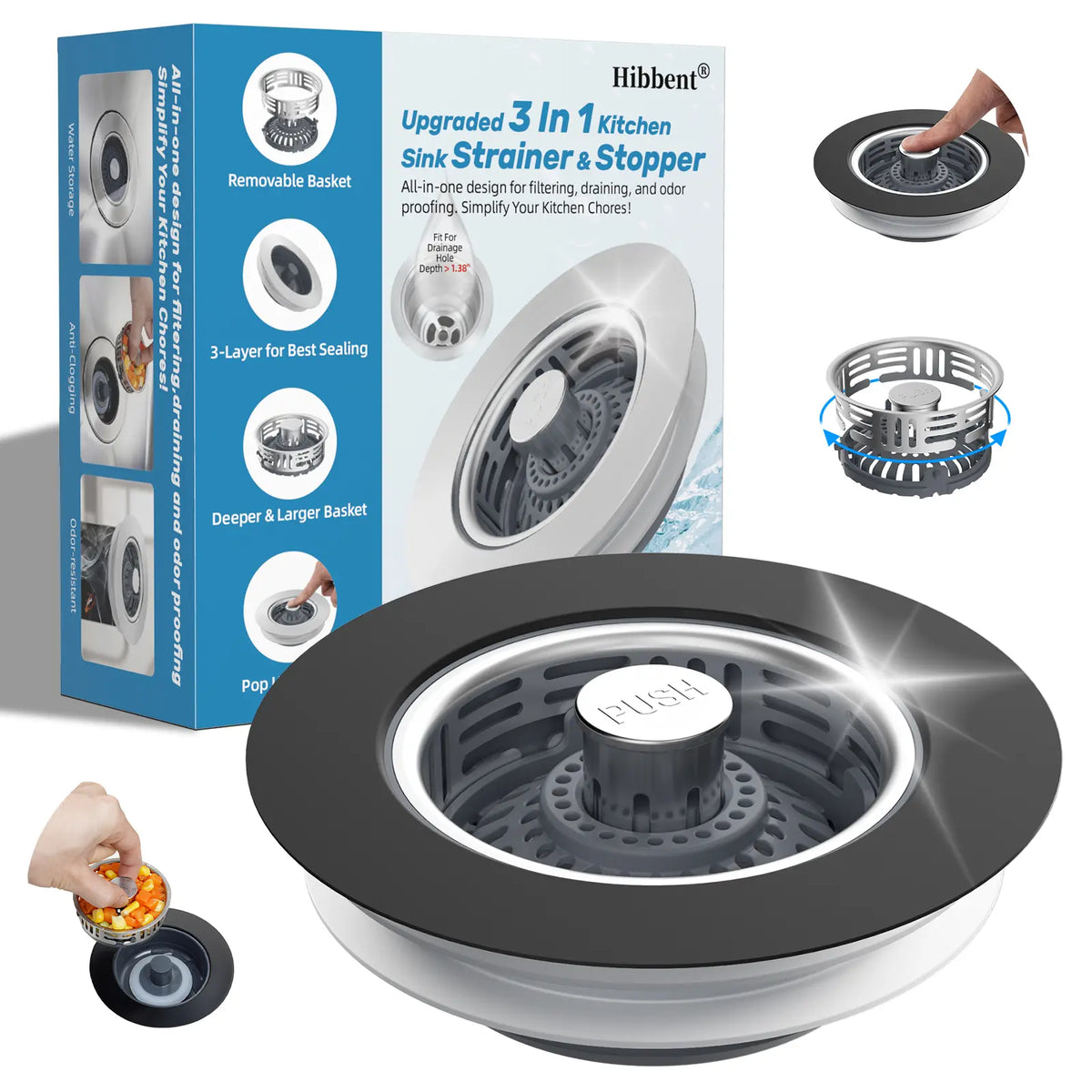 Hibbent Upgraded 3 in 1 Kitchen Sink Drain Strainer, Stainless Steel Pop Up Sink Stopper, Larger Anti-Clogging Basket, 3-Layer Seal, Detachable Drain Plug for US Standard 3-1/2" Drain, Matte Black, Fast Drains, Larger Basket