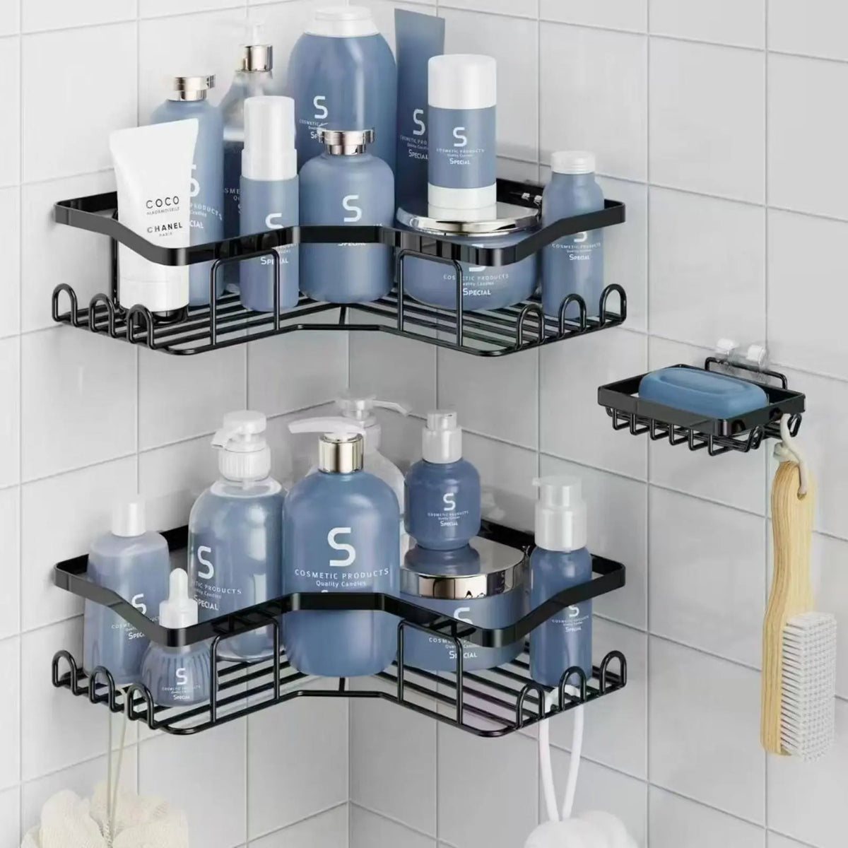 ZUZZEE Modern 3-Piece High-Quality Metal Bathroom Shower Organizer, Punch-Free Removable Rust-Resistant Waterproof Corner Shelf with Hollow Drain-Dry Bottom, Soap Spray Holder, 40lb Capacity, Adhesive Tape, Manual, Great for Showers Kitchens RVs,sohochic