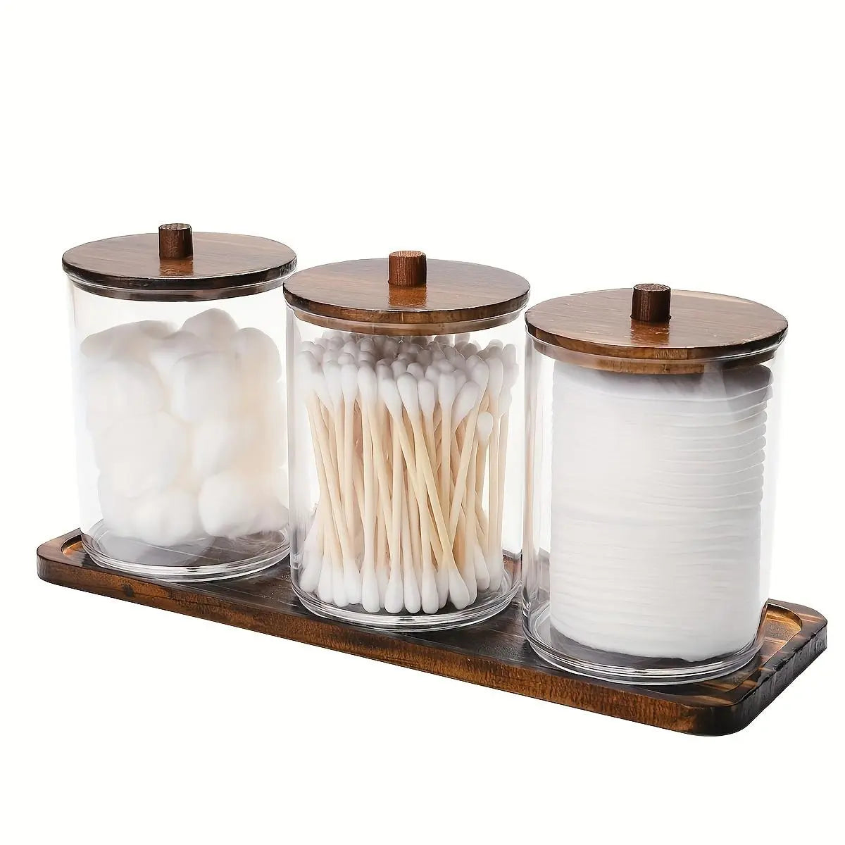 3 pcs Cotton Swab Holders, 10oz Bathroom Storage Box, Organizer Transparent Plastic Jar with Wooden Lid, Bathroom Accessory, Ideal for Cotton Balls, Swabs, Floss