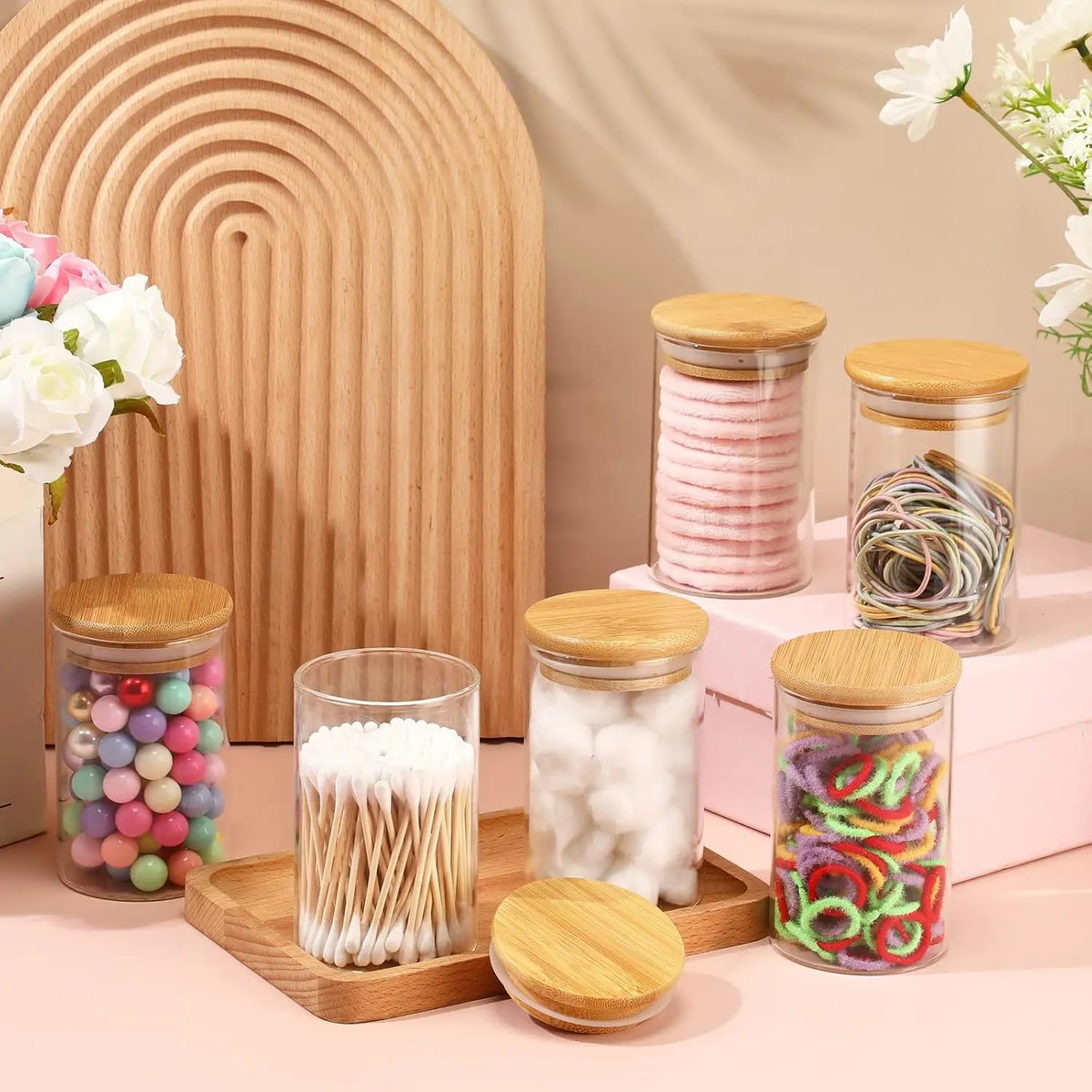 6 Pack Glass  Jars with   Bathroom Accessories  Balls Pads Swabs Holder Jar Bathroom Canisters for  Accessories Storage