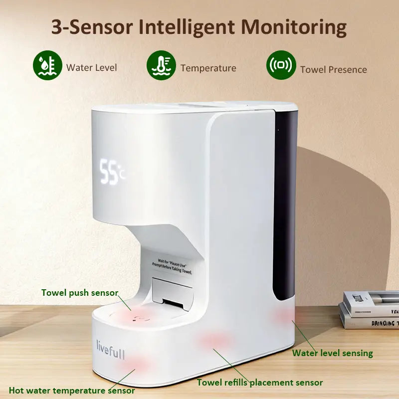 LiveFull CL01 Smart Hot Face Towel Warmer Machine, 5-Second Fast Heating, 55°C Heating System, Auto Dispensing Design, Includes 20 PCS Compressed Towels, Luxury Home Spa,sohochic