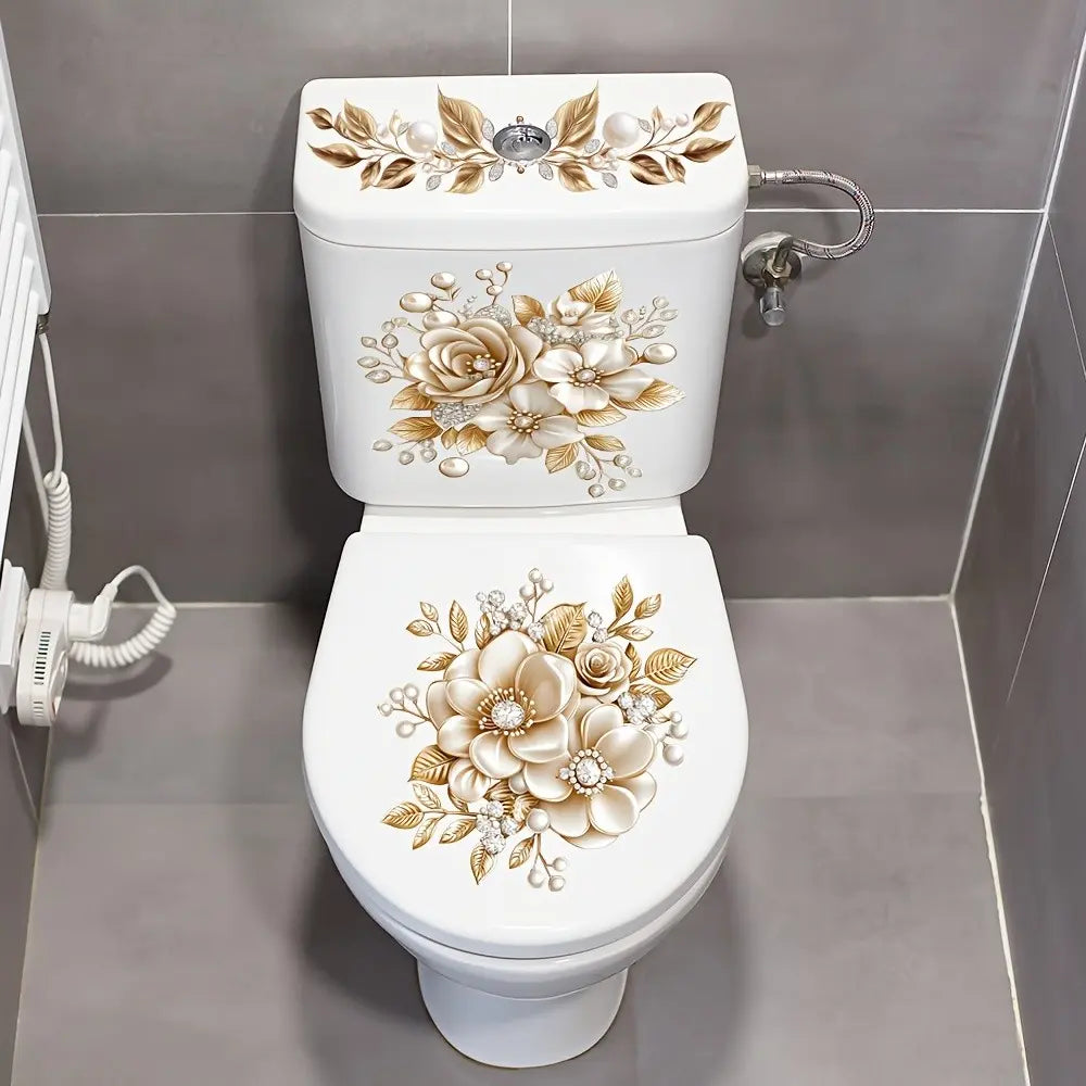 Luxurious Bathroom Toilet Sticker, Floral PVC Self-Adhesive Decorative Sticker, Semi-Matte Effect, Removable Fantasy Design, Bathroom Decoration Accessories, Bathroom House Decor