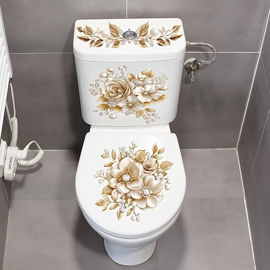 Luxurious Bathroom Toilet Sticker, Floral PVC Self-Adhesive Decorative Sticker, Semi-Matte Effect, Removable Fantasy Design, Bathroom Decoration Accessories, Bathroom House Decor
