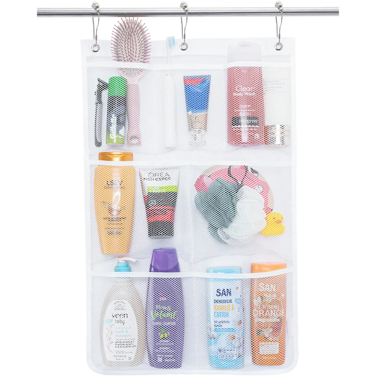 Lifewit 1 Pack Rectangular Polyester Mesh Hanging Shower Caddy - Modern Bathroom Accessory with 3 Metal Hooks & Sticky Hook, Foldable Durable Tear-Resistant Quick-Drying Breathable Portable Lightweight Space-Saver for Back-to-School Bath Storage