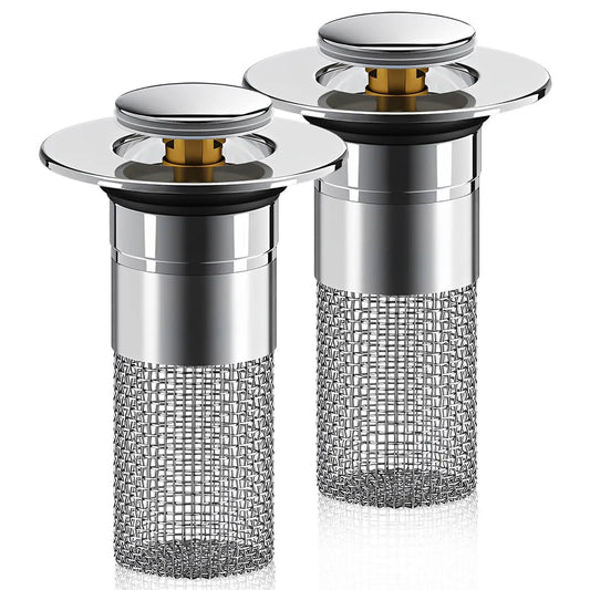 PASSBYE Adjustable Universal-Fit Pop-Up Drain Filter Stopper Hair Catcher with Removable Stainless Steel Basket, Anti-Clog Bathroom Gadgets with Adhesive Tape for Sink Cleaning