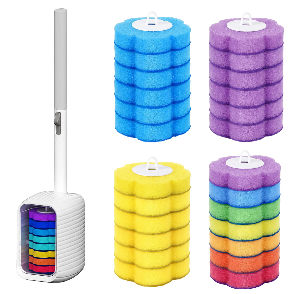 Nifogo Casual ABS Plastic Auto-Flip White Disposable Toilet Brush Holder, Deep-Cleaning Wall-Hanging Bathroom Set with 24 Aromatic Refills, Hygienic Disposal Practical Summer Cleaning Gear