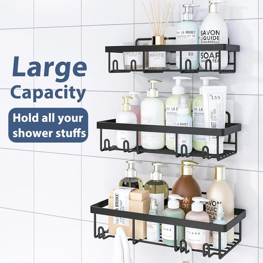 【Fall Essentials】5-Piece Black Stainless Steel Shower Caddy Organizer Set – No Drill Strong Adhesive Rustproof Waterproof Wall Mount | Floating Shelves Soap Dish Toothbrush Shampoo Holder | Aesthetic Cozy Home Renter Friendly Bathroom Upgrade Must Have,so