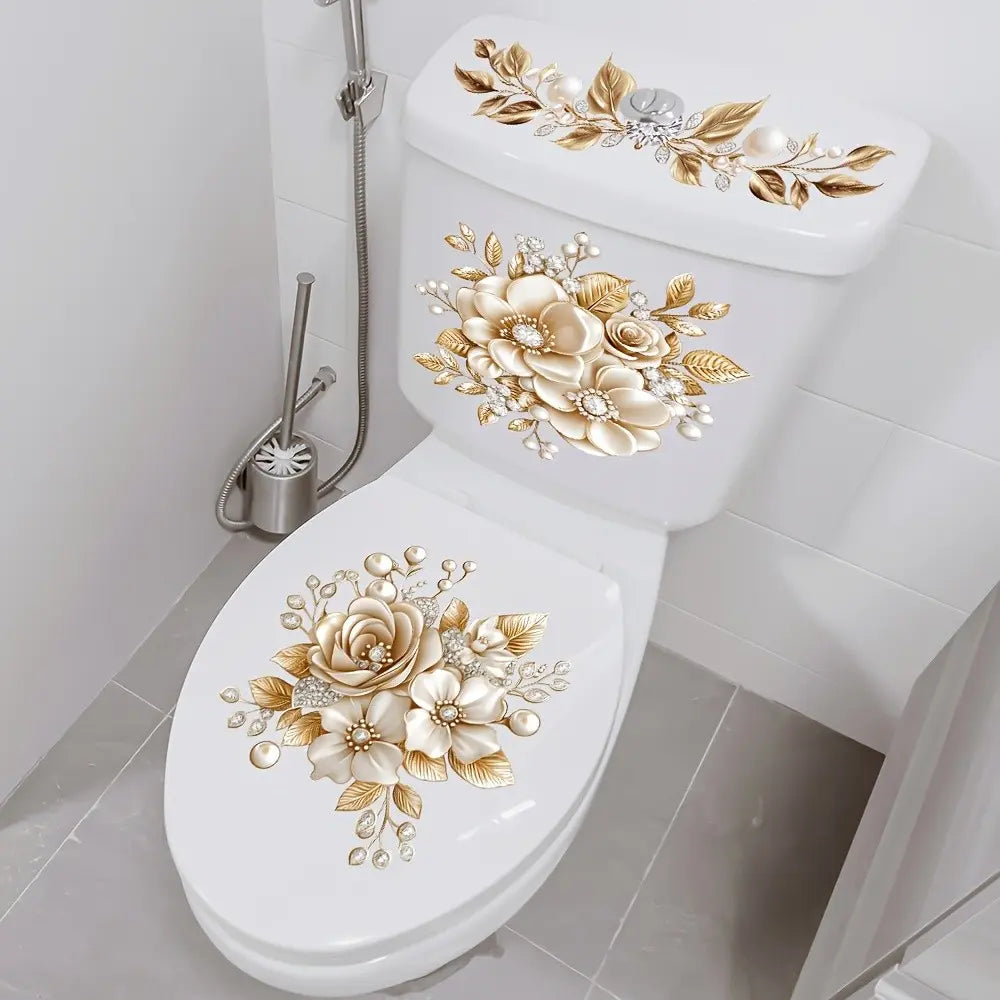Luxurious Bathroom Toilet Sticker, Floral PVC Self-Adhesive Decorative Sticker, Semi-Matte Effect, Removable Fantasy Design, Bathroom Decoration Accessories, Bathroom House Decor