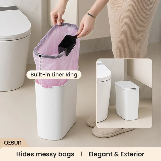 CESUN 2.6 Gal Touchless Trash Bin - Automatic Motion Sensor Plastic White Wastebasket with Lid, Smart Slim Modern Shape for Tight Spaces, Bathroom Accessories, Apartment Accessories