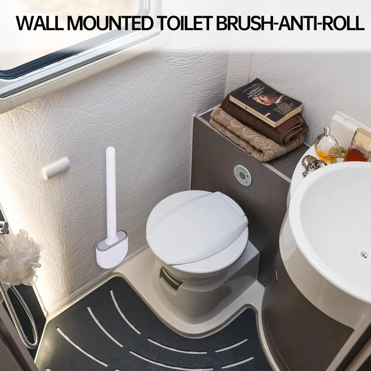 RV Silicone Toilet Brush with Holder, Drill-Free Wall Mounted Toilet Bowl Cleaner, Anti-Drip Anti-Roll Compact Brush for RV Camper & Small Bathroom Thaibna