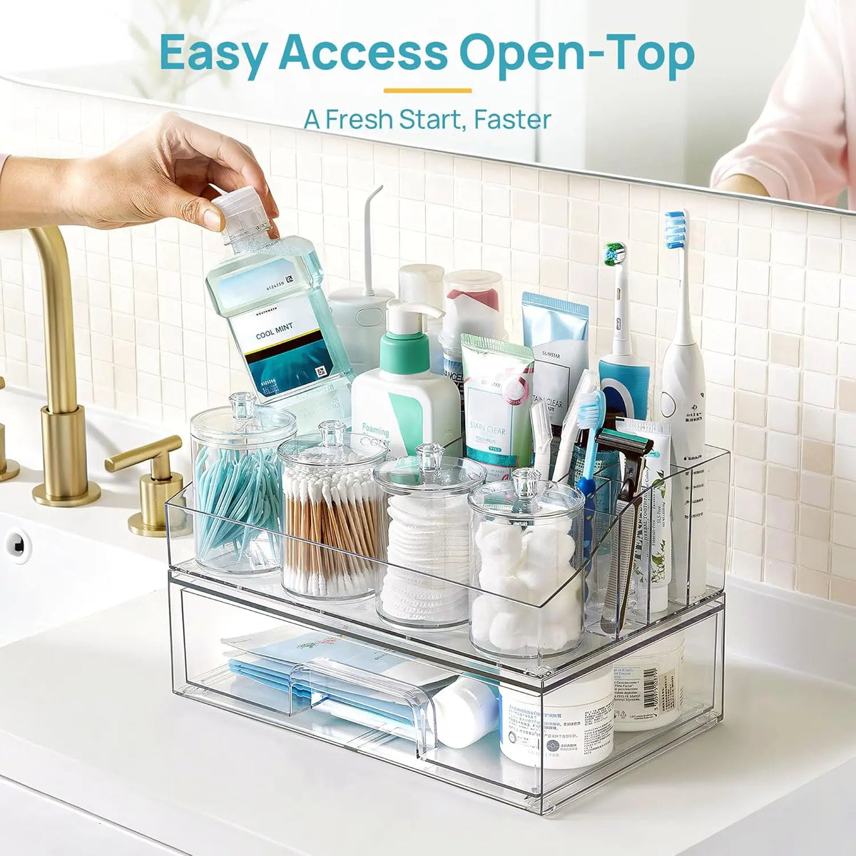 Vtopmart 6PCS Modern Bathroom Vanity Storage Containers - 1 Divided Tray, 4 Qtip Jars, 1 Drawer - Family-Friendly Organizer for Toothbrush, Cotton Pads, Accessories
