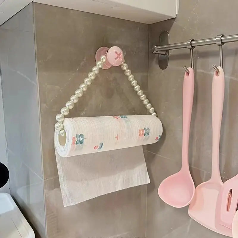 Self-Adhesive Roll Paper Holder, Durable Plastic Bathroom Towel Rack, Pearl Embellished Design, Space-Saving Wall-Mounted Kitchen Organizer, Bathroom Supplies, Plastic Bathroom Gadget