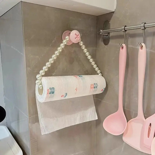 Self-Adhesive Roll Paper Holder, Durable Plastic Bathroom Towel Rack, Pearl Embellished Design, Space-Saving Wall-Mounted Kitchen Organizer, Bathroom Supplies, Plastic Bathroom Gadget