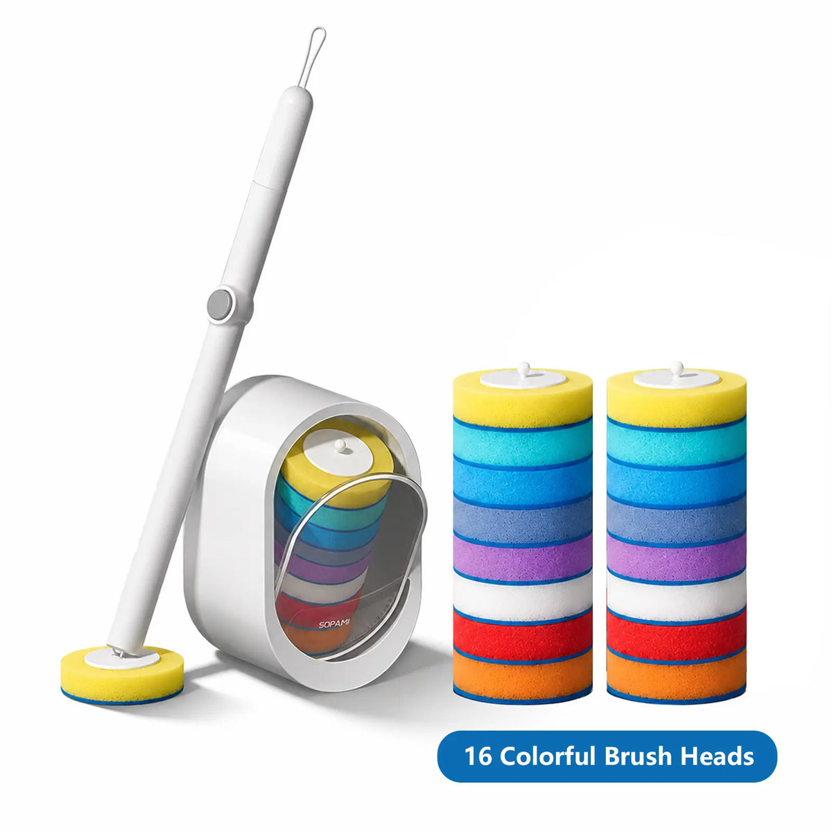 SOPAMI Disposable Toilet Scrubber Brush Kit - 1 Handle + 32 Refill Heads (16 Option Available), No-Touch Rotating Scrubber, Self-Clean Pad, Holder, Toilet Cleaning System for Under-Rim & Corners, Ideal for Busy Home Bathrooms,sohochic