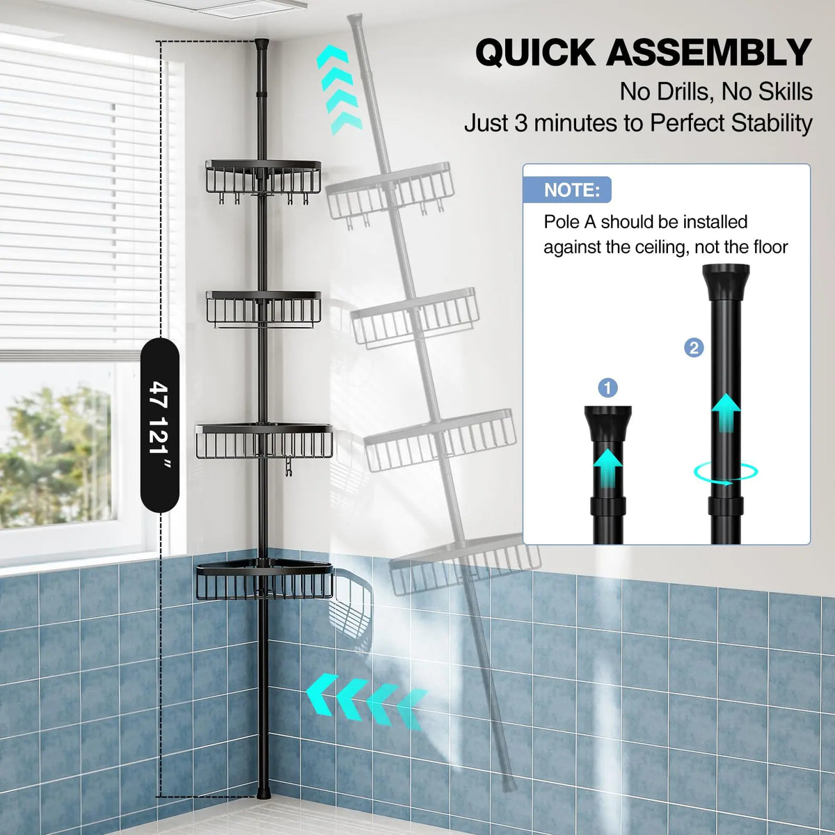 4 Tier Adjustable Corner Shower Caddy – Stainless Steel Rustproof Bathroom Organizer, No-Drill Tension Pole (47-121 Inch), Heavy-Duty Shelves & Hooks for Shampoo, Loofah, Bathtub Shampoo Storage – Quick Assembly, Black Rack