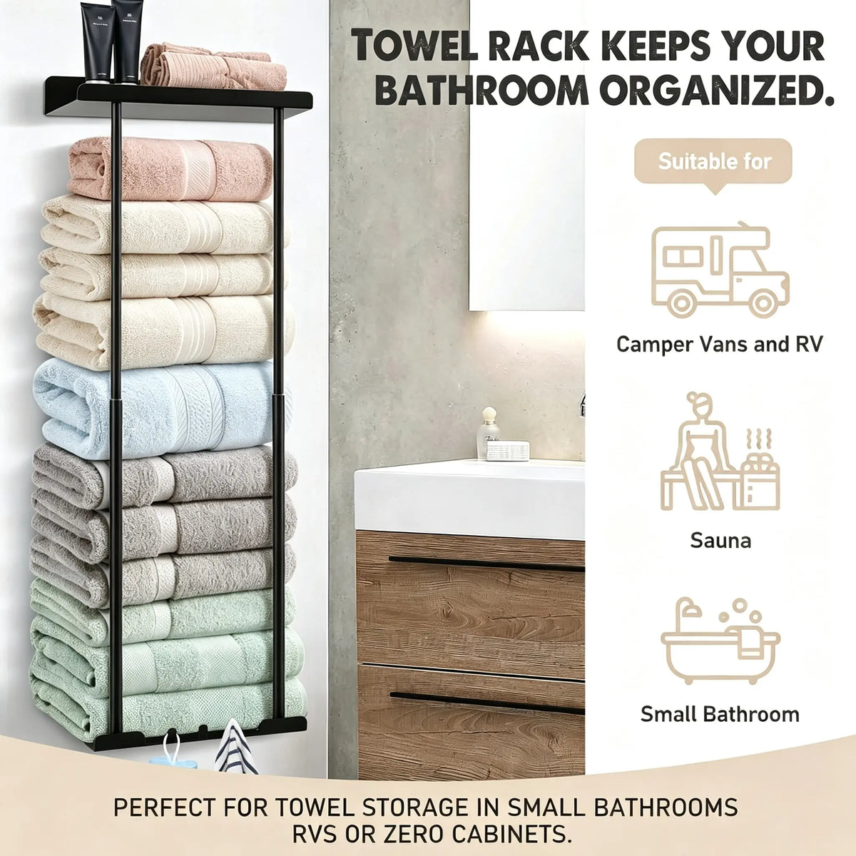 Bathroom Towel Storage Rack Wall Mounted 30 inch with Shelf Holds 6 Large Towels Black Rust Proof Durable Metal Pole for Spas Salons and Bathrooms,sohochic