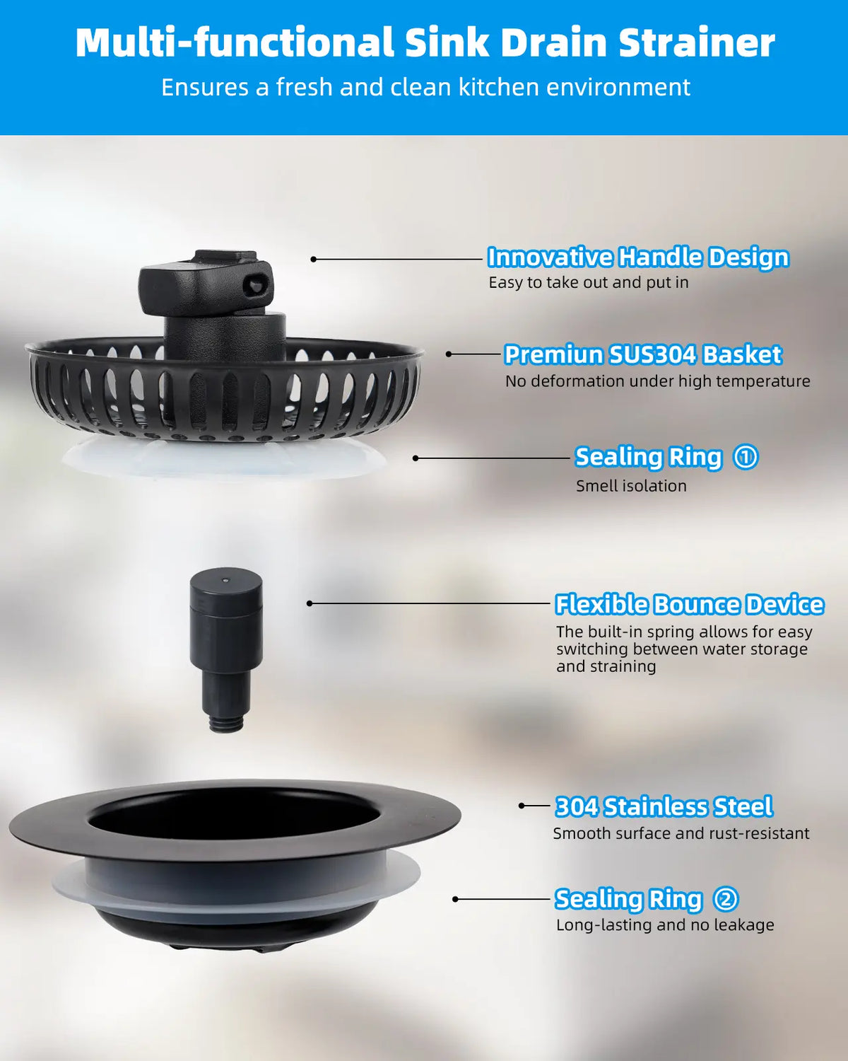 Hibbent 3-in-1: Fill, Strain, Seal Rust-Resist 304 Stainless Steel Kitchen Sink Strainer Stopper Combo - Responsive Spring Action, Pop-Up Handle, 2.76"-3.38" Width, Depth＞1.8", Anti-Clogging Filter for US Standard 3-1/2" Drains Kitchen Fixture Accessory