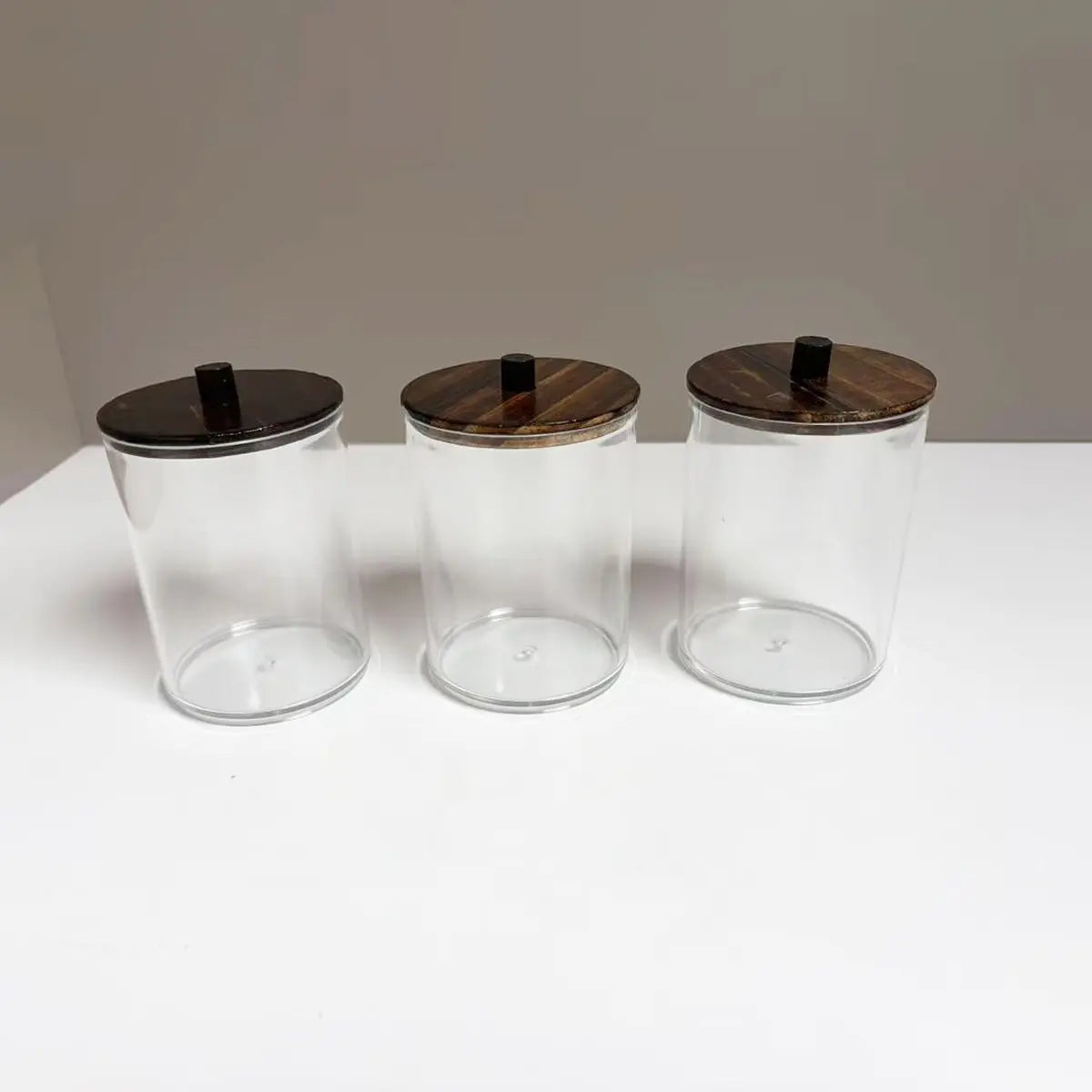 3 pcs Cotton Swab Holders, 10oz Bathroom Storage Box, Organizer Transparent Plastic Jar with Wooden Lid, Bathroom Accessory, Ideal for Cotton Balls, Swabs, Floss