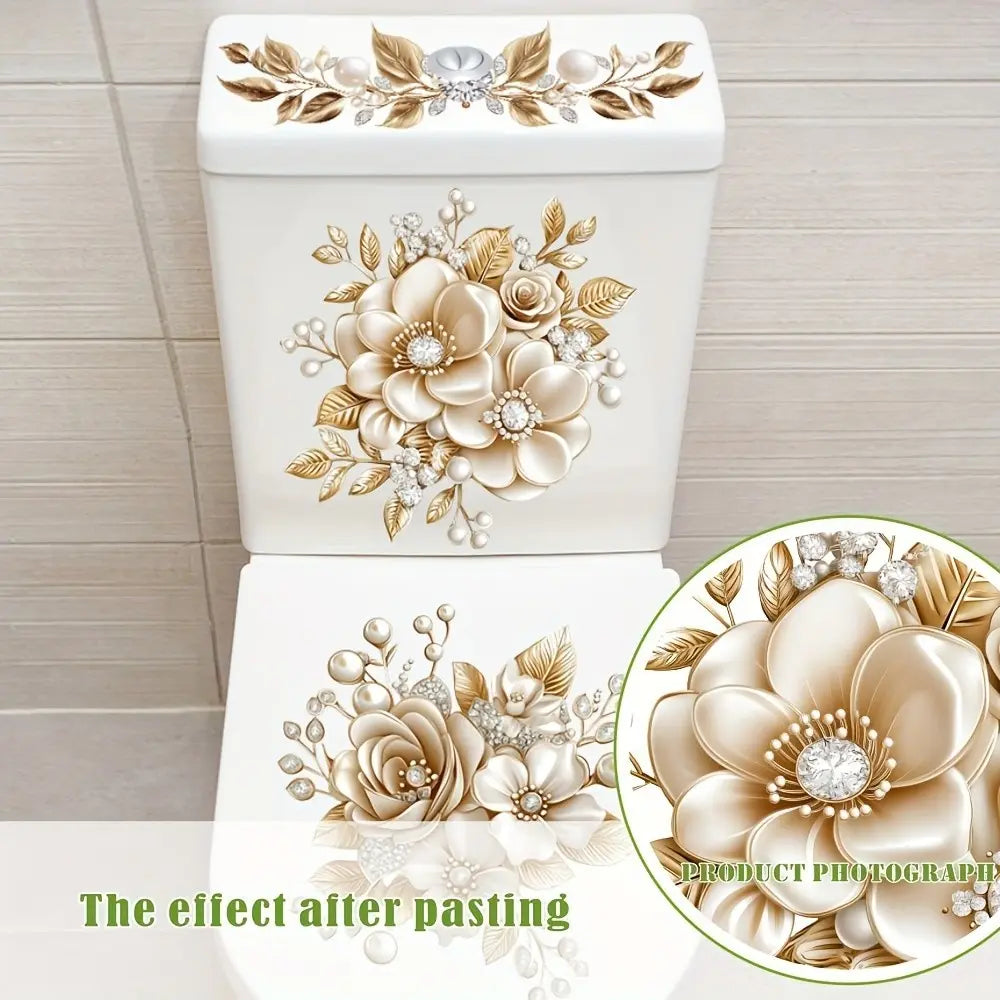 Luxurious Bathroom Toilet Sticker, Floral PVC Self-Adhesive Decorative Sticker, Semi-Matte Effect, Removable Fantasy Design, Bathroom Decoration Accessories, Bathroom House Decor