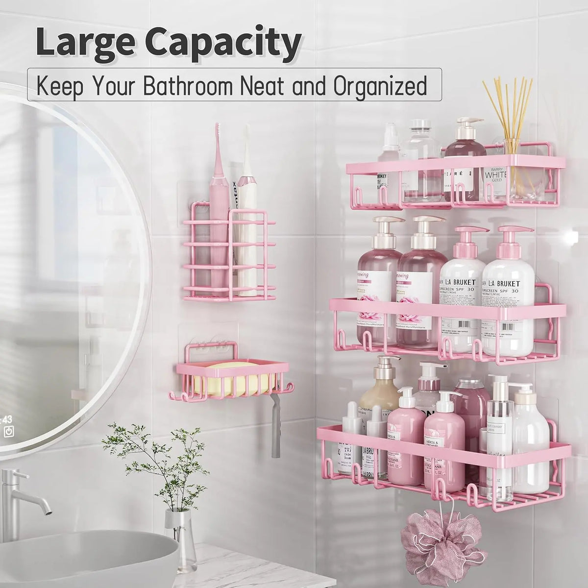 Sohochic Blush Pink 5-Piece Self-Adhesive Rust-Resistant Stainless Steel Shower Organizer Set - No-Drilling Bathroom Storage Rack for Renters, Halloween-Ready, Easy Installation with Shampoo & Body Wash Basket