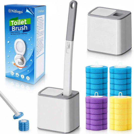 Nifogo Casual ABS Plastic Auto-Flip White Disposable Toilet Brush Holder, Deep-Cleaning Wall-Hanging Bathroom Set with 24 Aromatic Refills, Hygienic Disposal Practical Summer Cleaning Gear