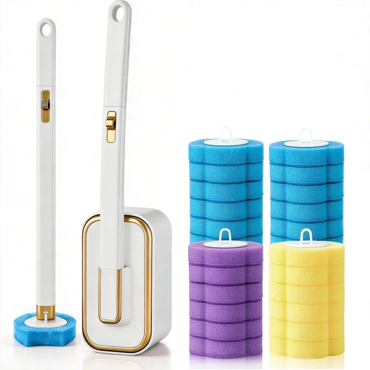 Wall-Mount Durable Toilet Brush & Plunger Set, Square Gold-Rim Black Disposable Plastic System, Compact ABS Wand with Magnetic Clamp, 24 Scented Refill Heads (Auto Flip White, Earless Gold Rim White, Long Handle for Children) for Modern Home Bathrooms, El