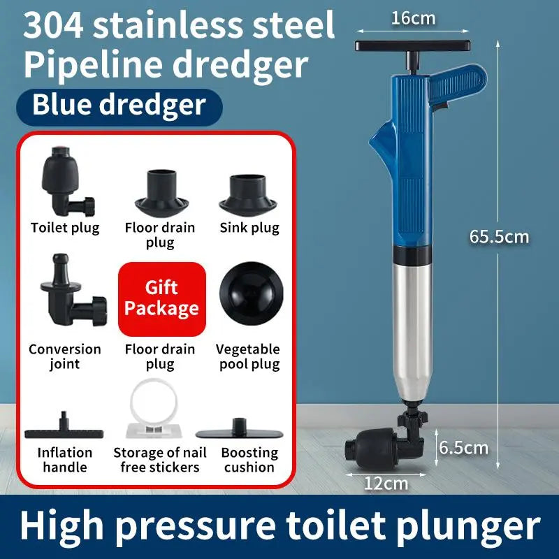 Tormida Stainless Steel Toilet Plunger Kit with Shock Brush - High Pressure Air Durable Drain Cleaner, Clog Remover for Bathroom Shower Equipment, Essential Household Cleaning Tool