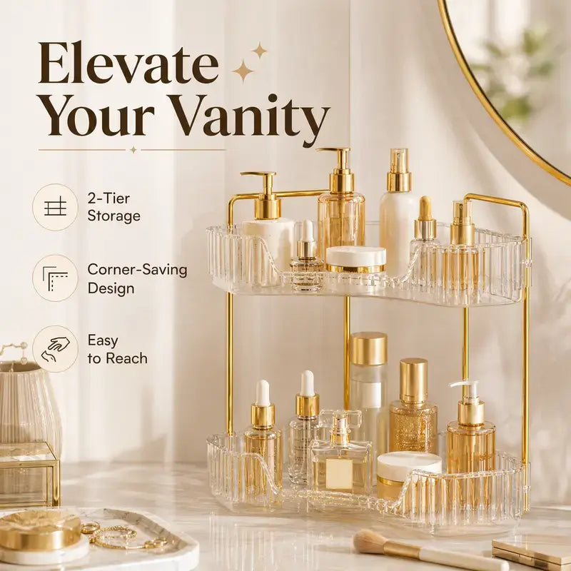 2-Tier Eco-Friendly Plastic Corner Bathroom Counter Organizer with Gold Metal Pole - 13 in Waterproof Bathroom Gadgets, Makeup Storage, Slip-Safe Vanity Tray, French Country Style Sink Holder