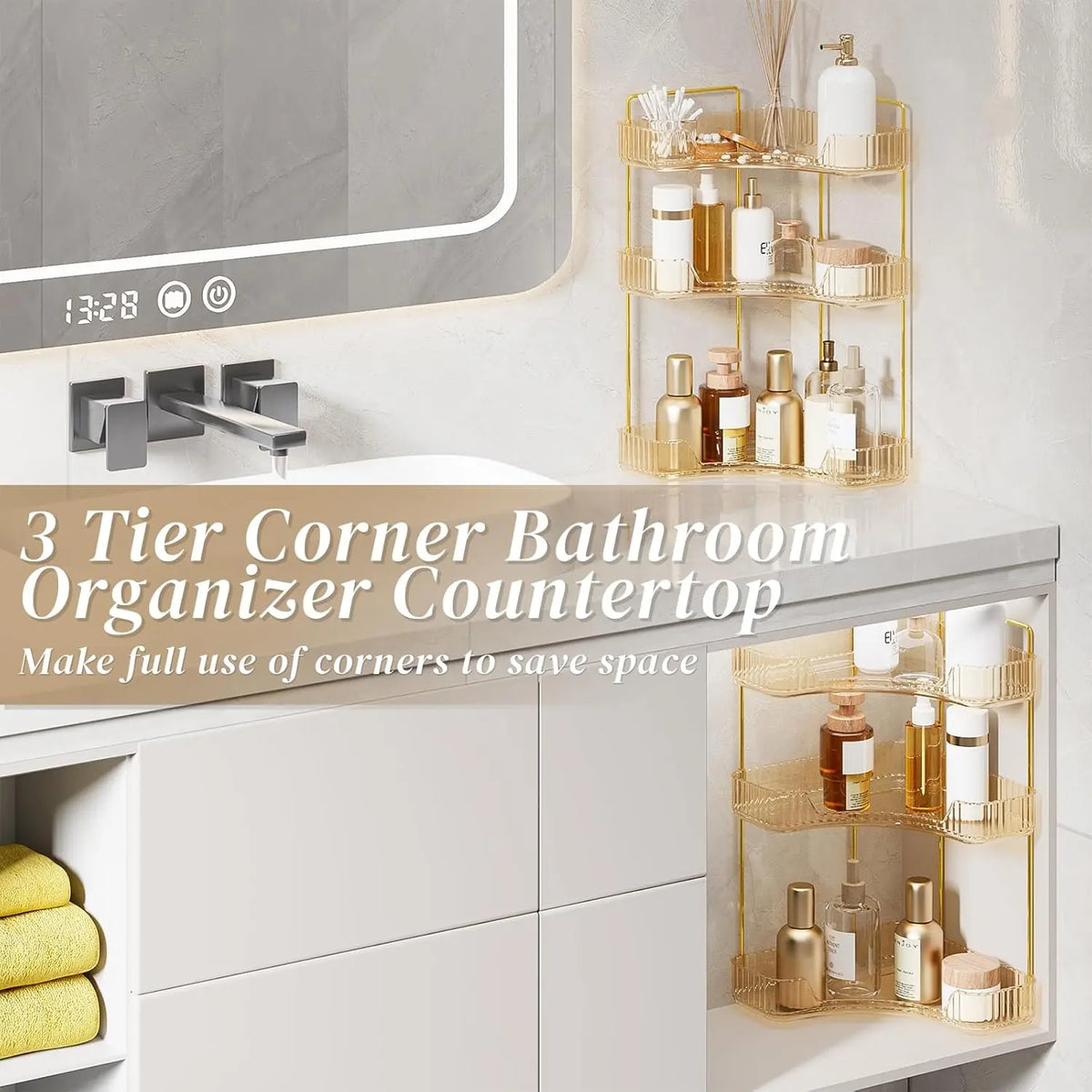 A space-saving 2/3 floor vanity corner organizer, a luxurious gold cosmetic storage rack, multi-level bathroom countertop storage, suitable for lotions, creams and other makeup tools. multi-layer beauty holder lipstick supply brush compact wristwatch