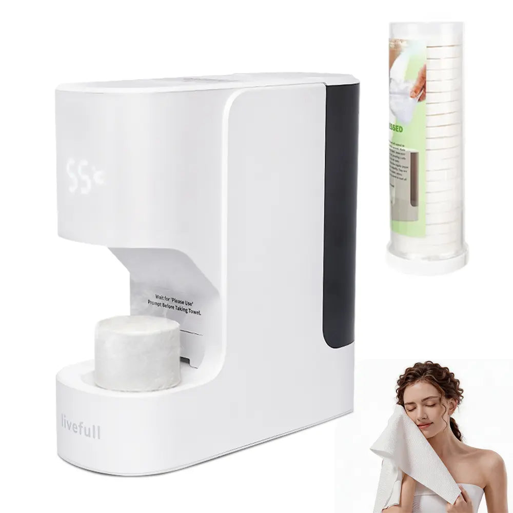 LiveFull CL01 Smart Hot Face Towel Warmer Machine, 5-Second Fast Heating, 55°C Heating System, Auto Dispensing Design, Includes 20 PCS Compressed Towels, Luxury Home Spa,sohochic