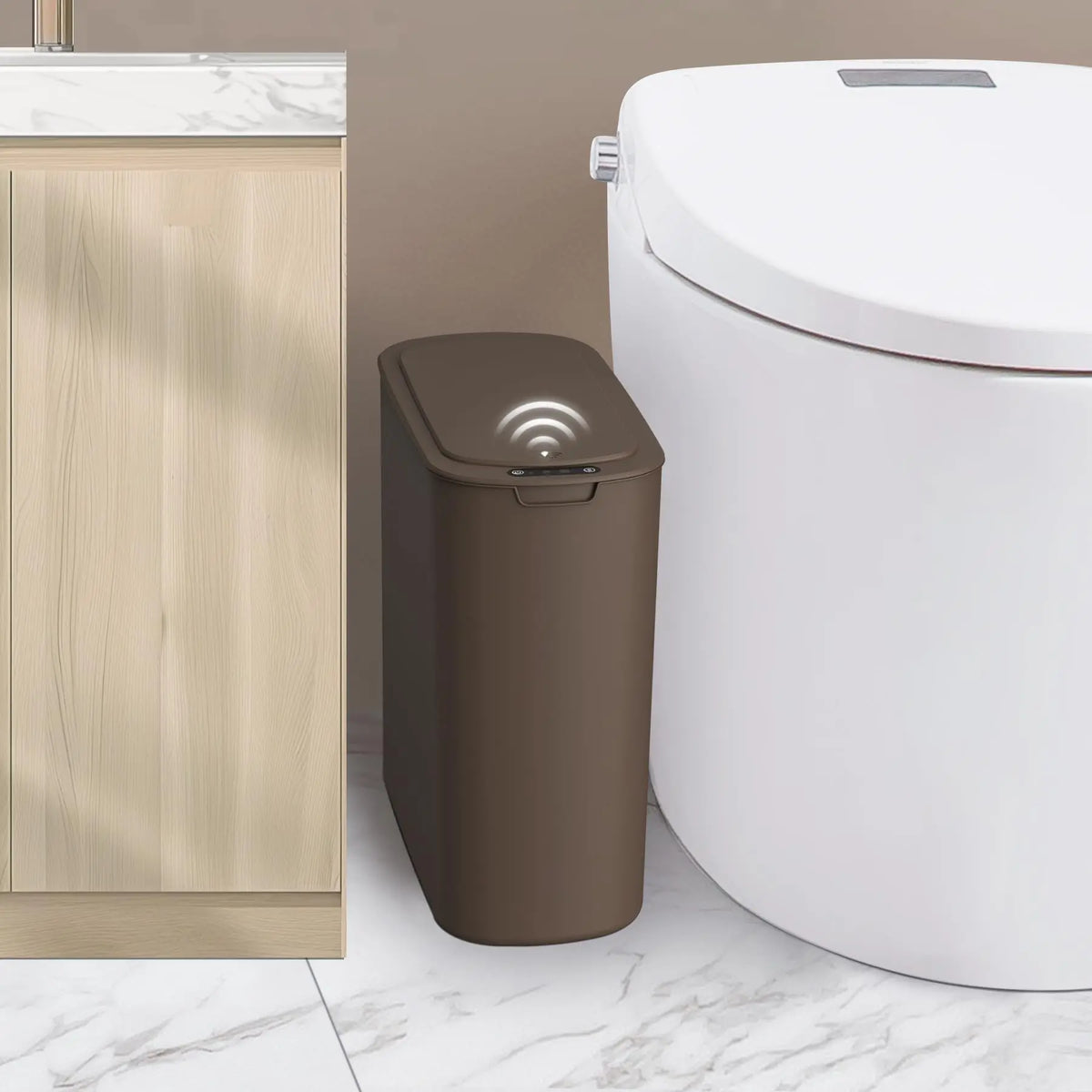 CESUN 2.6 Gal Touchless Trash Bin - Automatic Motion Sensor Plastic White Wastebasket with Lid, Smart Slim Modern Shape for Tight Spaces, Bathroom Accessories, Apartment Accessories