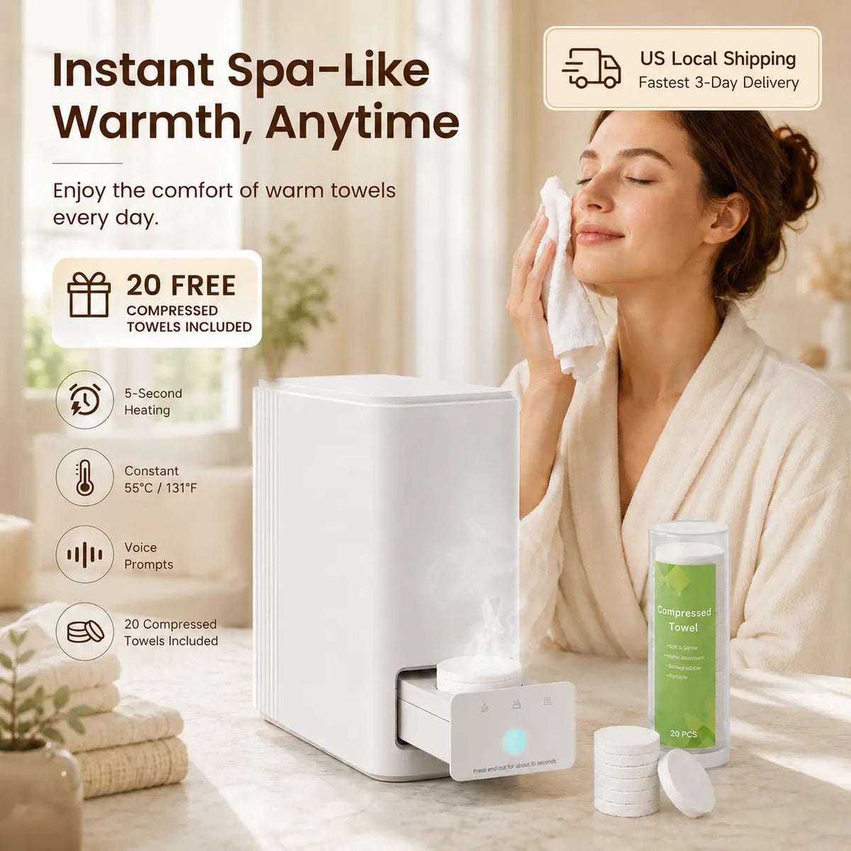 Compact Hot Towel Dispenser for Skincare, 5-Second 55°C Face Towel Warmer, Automatic Pop-Out Design, Voice Prompts, 20 Towels Included