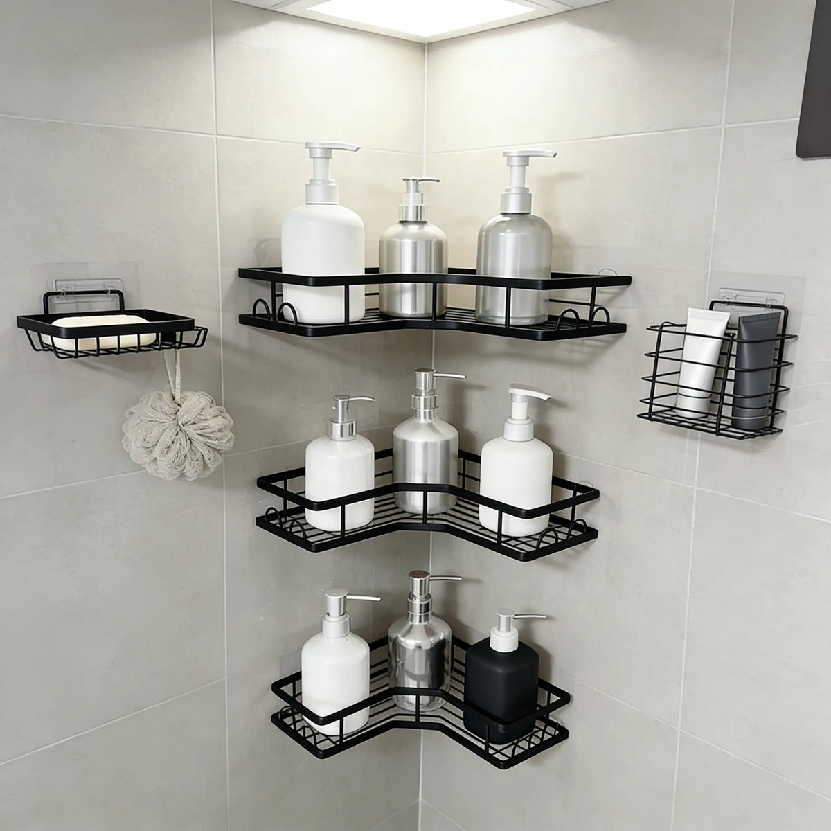 【Fall Essentials】5-Piece Black Stainless Steel Shower Caddy Organizer Set – No Drill Strong Adhesive Rustproof Waterproof Wall Mount | Floating Shelves Soap Dish Toothbrush Shampoo Holder | Aesthetic Cozy Home Renter Friendly Bathroom Upgrade Must Have,so