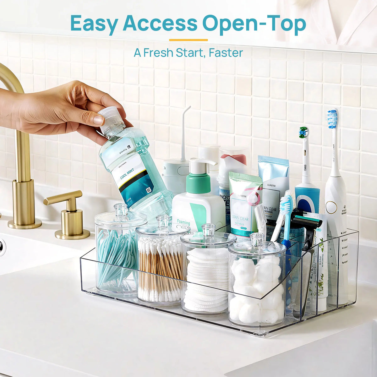 Vtopmart 6PCS Modern Bathroom Vanity Storage Containers - 1 Divided Tray, 4 Qtip Jars, 1 Drawer - Family-Friendly Organizer for Toothbrush, Cotton Pads, Accessories