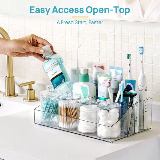 Vtopmart 6PCS Modern Bathroom Vanity Storage Containers - 1 Divided Tray, 4 Qtip Jars, 1 Drawer - Family-Friendly Organizer for Toothbrush, Cotton Pads, Accessories
