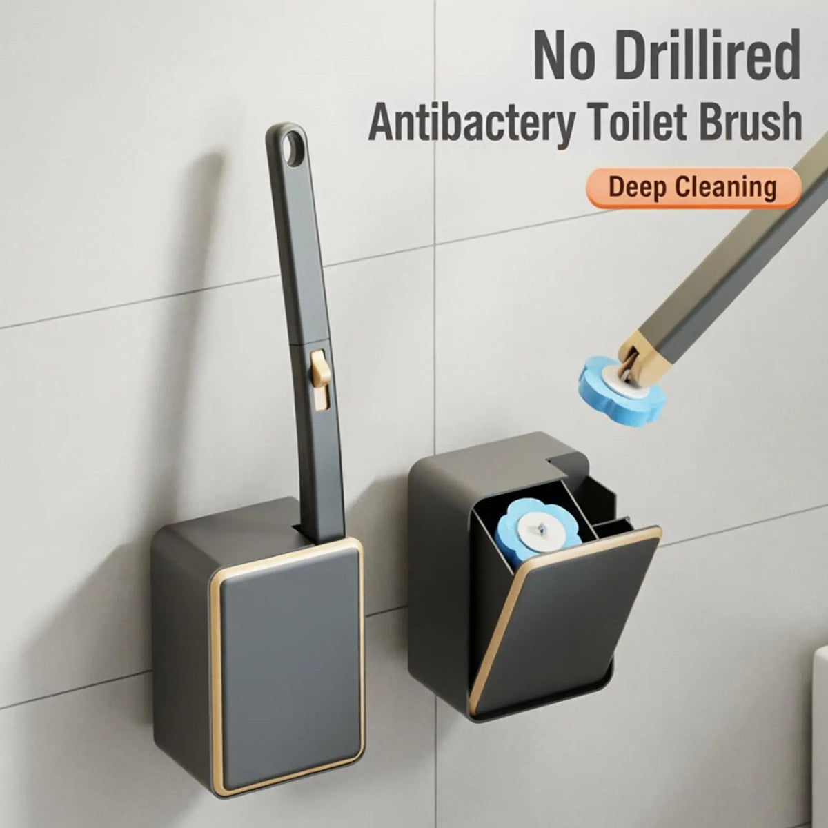Wall-Mount Durable Toilet Brush & Plunger Set, Square Gold-Rim Black Disposable Plastic System, Compact ABS Wand with Magnetic Clamp, 24 Scented Refill Heads (Auto Flip White, Earless Gold Rim White, Long Handle for Children) for Modern Home Bathrooms, El