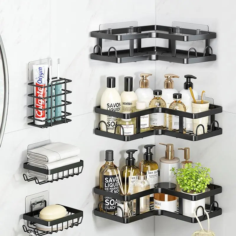 Modern L-Shape Black Stainless Steel Corner Shower Organizer Set - 5-Piece Wall-Mount Bathroom Shelves & Accessories, No-Drill 3-Tiered Racks with Hooks & Toothbrush Holder, Anti-Rust Coating, 40lb Capacity Bathroom Necessities
