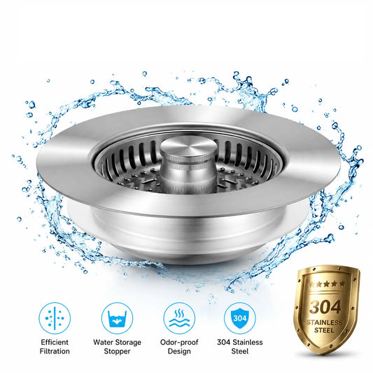 3-in-1 Rust-Resistant Stainless Steel Kitchen Sink Stopper Strainer - Easy Installation, Compact, Anti-Clog Food Waste Trap, Rapid Drainage, Odor Filter, Universal Fit for US 3 1/2 inch Standard Drains, Drain Protection,sohochic