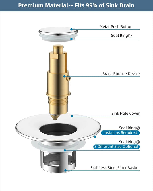 Hibbent All Metal Universal Bathroom Sink Stopper - Push Type with Upgraded Brass Bullet Core, Silicone Components, Anti-Clog Stainless Steel Drain Strainer, Stable Basket Hold, Indoor Drainage for 1"-1.8" Basins, Easy Chrome Installation