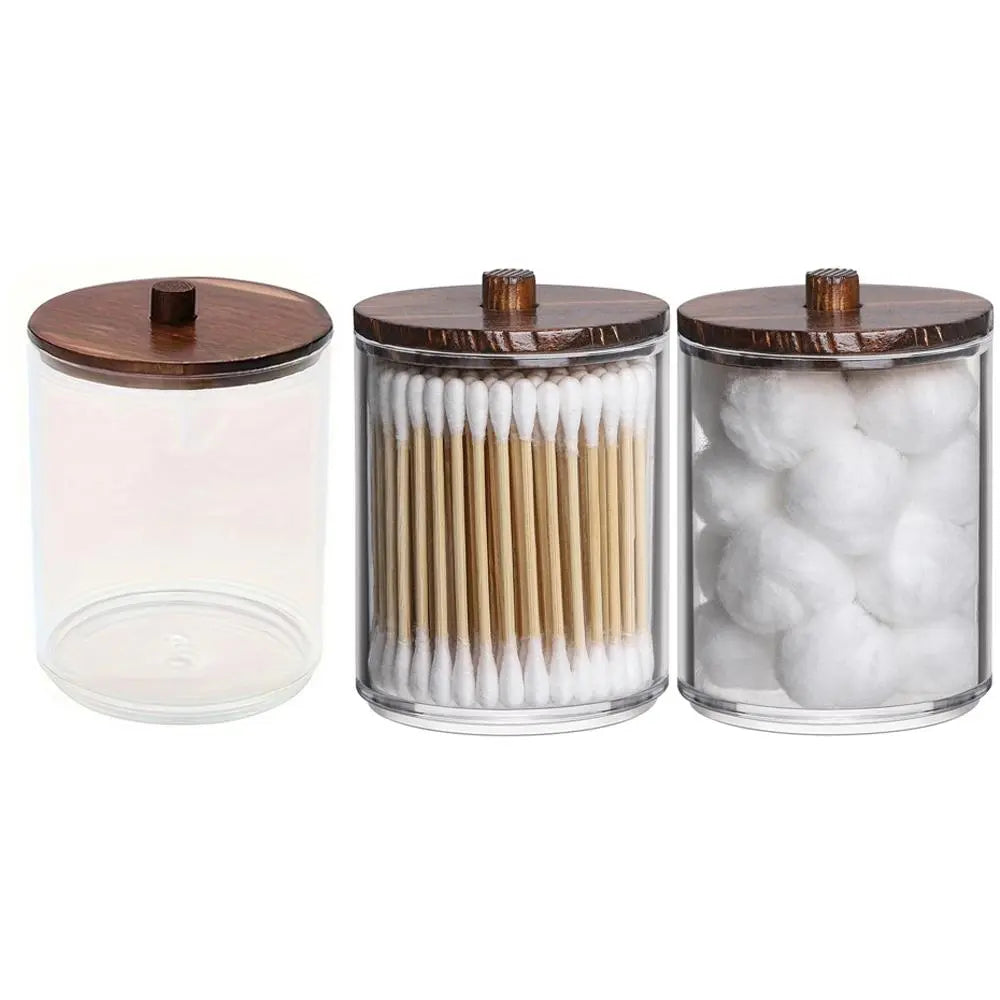 3 pcs Cotton Swab Holders, 10oz Bathroom Storage Box, Organizer Transparent Plastic Jar with Wooden Lid, Bathroom Accessory, Ideal for Cotton Balls, Swabs, Floss