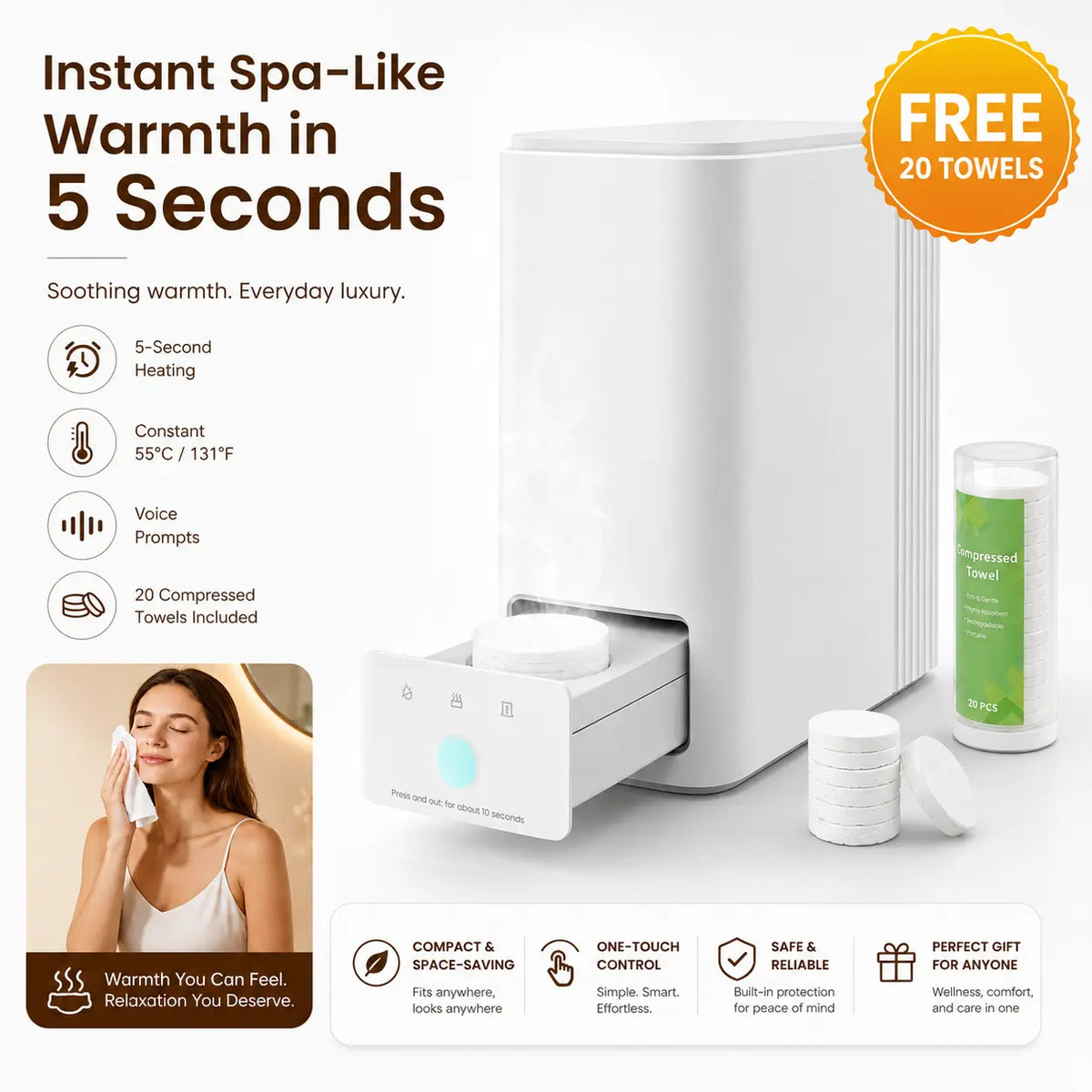 Compact Hot Towel Dispenser for Skincare, 5-Second 55°C Face Towel Warmer, Automatic Pop-Out Design, Voice Prompts, 20 Towels Included