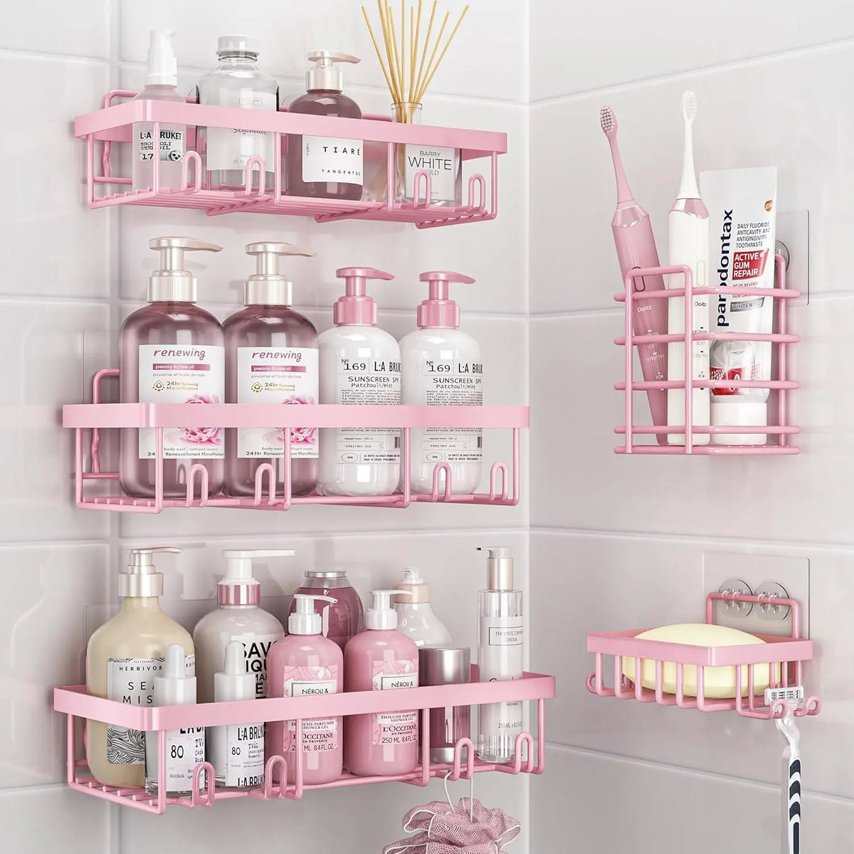 【Fall Essentials】5-Piece Black Stainless Steel Shower Caddy Organizer Set – No Drill Strong Adhesive Rustproof Waterproof Wall Mount | Floating Shelves Soap Dish Toothbrush Shampoo Holder | Aesthetic Cozy Home Renter Friendly Bathroom Upgrade Must Have,so