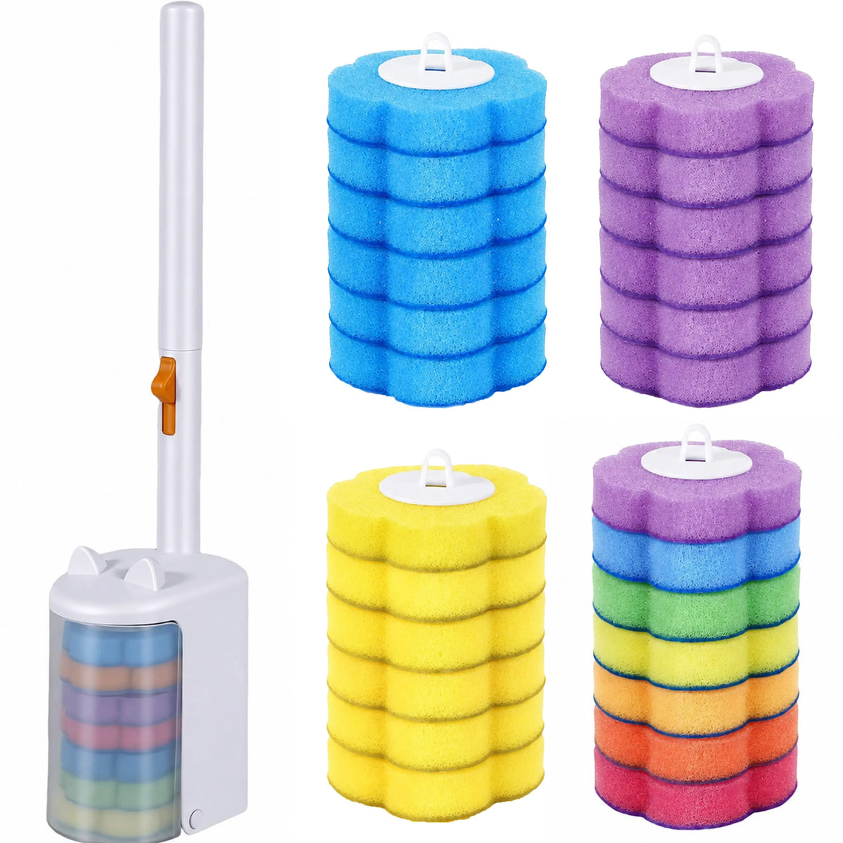 Nifogo Casual ABS Plastic Auto-Flip White Disposable Toilet Brush Holder, Deep-Cleaning Wall-Hanging Bathroom Set with 24 Aromatic Refills, Hygienic Disposal Practical Summer Cleaning Gear