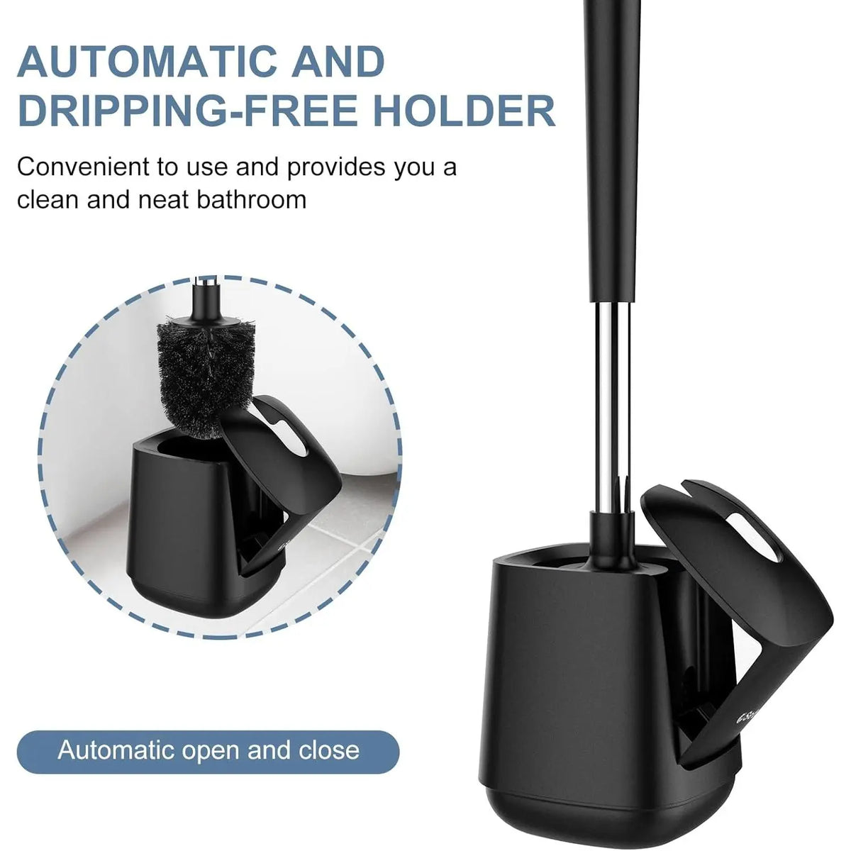 Black Toilet Brush and Holder Set - Self-Closing Lid, Extra-Long Ventilated Handle, Nylon Bristles for Bathroom Cleaning (brush + holder)