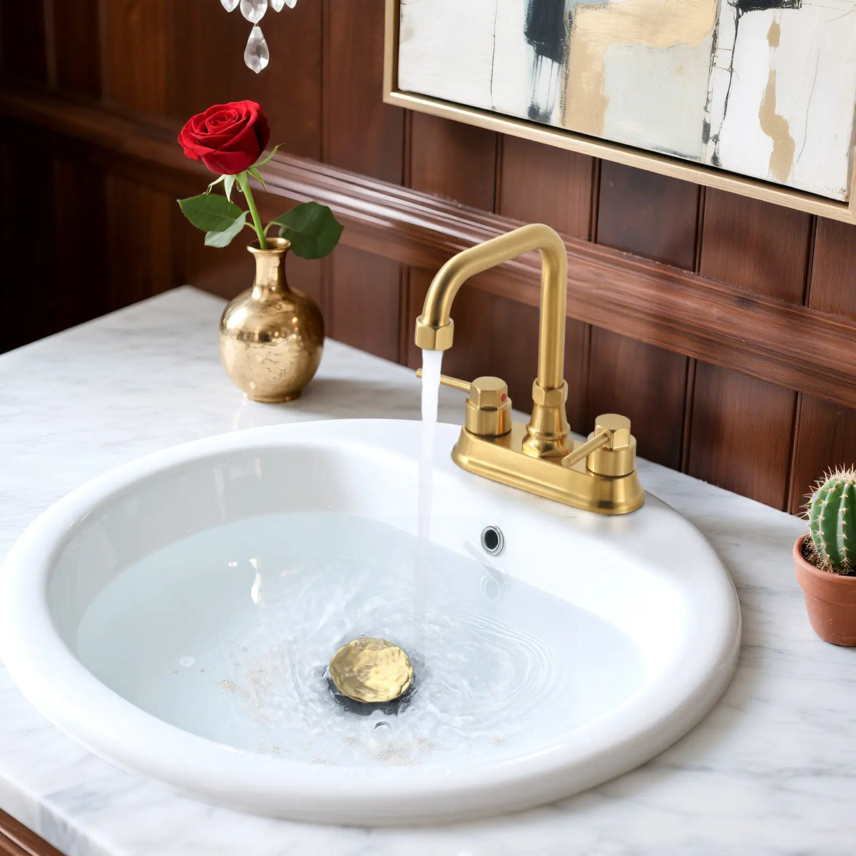 WOWOW Brushed Gold Stainless Steel Bathroom Sink Drain - Bathroom Upgrade Kit, No Overflow, Silicone Clicker Universal Stopper, Vessel Sink Fit, Easy Installation, Universal Sink Stopper